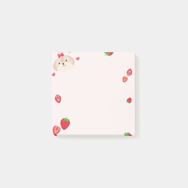Perrito lindo con notas pegajosas de fresa postit (Anverso)