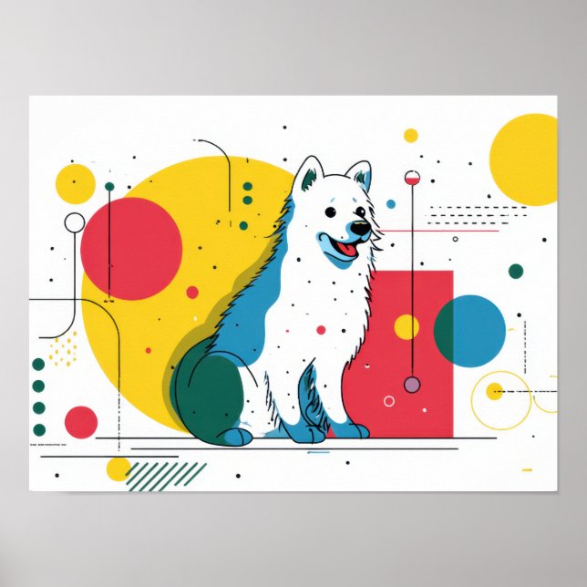 Perrito lindo se sienta en un espacio de arte colo (Frente)