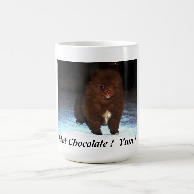 Perrito pomeranian del chocolate en la taza (Centro)