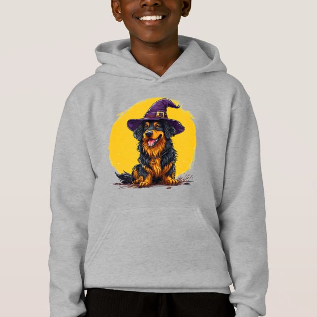 Perro alegre de Halloween con sombrero de bruja (Anverso)