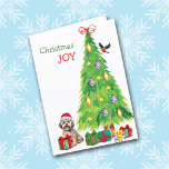 Perro Apso Lhasa, Ave y Árbol de Navidad<br><div class="desc">Delante de esta tarjeta de Navidades, un adorable pequeño perro Lhasa Apso lleva un gorra de Santa Claus rojo y blanco mientras se sienta junto a un árbol de vacaciones. Los paquetes de regalo envueltos de forma brillante están dispersos por todo el mundo, y un bullfinch está aterrizando en el...</div>