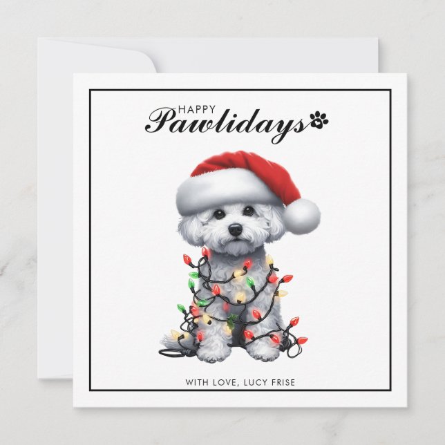 Perro Bichon Frise Envuelto En Luces De Navidad (Anverso)