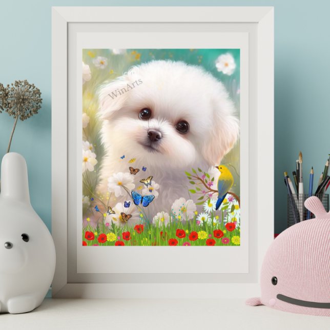 Perro blanco maltés lindo en el arte del jardín fl (Subido por el creador)