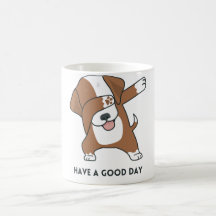 Perro blanco pardo ilustrado tiene una taza de bue