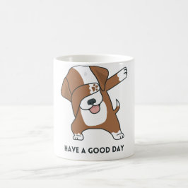 Perro blanco pardo ilustrado tiene una taza de bue
