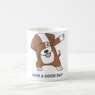 Perro blanco pardo ilustrado tiene una taza de bue
