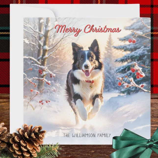 Perro Border Collie En La Nieve Feliz Navidad (A personalized Christmas card with illustration of a black and white border collie and winter snow)