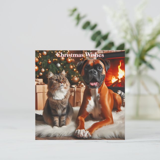 Perro Boxer y Gato Navidad (Anverso de pie)
