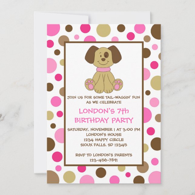 Perro cachorro Dots Invitaciones a Cumpleaños Rosa (Anverso)