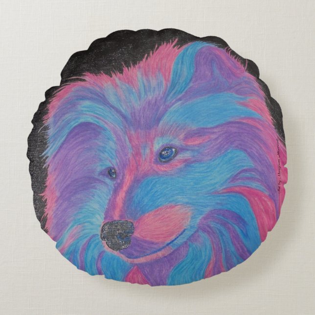 Perro colorido, almohada acuarela con lápiz (Anverso)