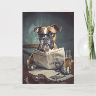 Perro con anteojos leyendo tarjeta plegada de peri