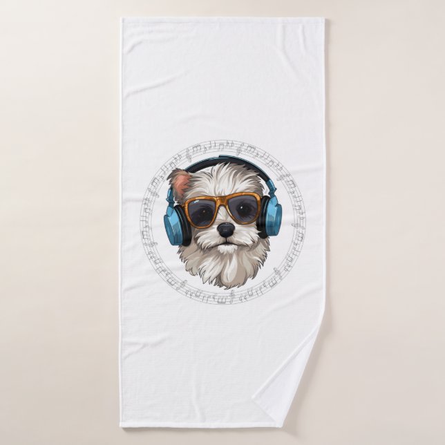 perro con auriculares perro con gafas escucha (Toalla de baño)