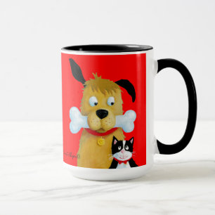 Perro con el hueso y el gato - taza divertida