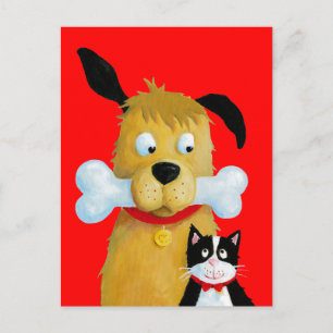 Perro con Hueso y Gato - Graciosa postal