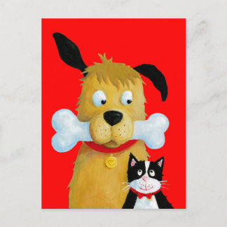 Perro con Hueso y Gato - Graciosa postal