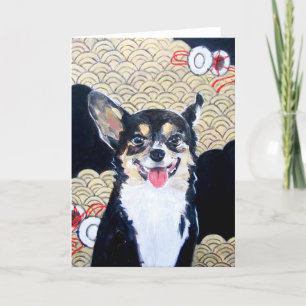 Perro con la tarjeta de felicitación del kimono