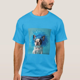 Perro con una camiseta de peluca azul