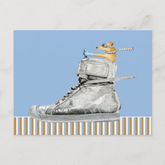 Perro conduciendo una postal con franjas de zapato