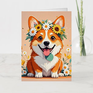Perro corgi alegre corona de margaritas y girasole