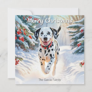 Perro dálmata en Navidad moderna con nieve de invi