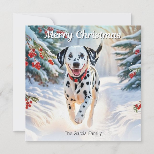 Perro dálmata en Navidad moderna con nieve de invi (Anverso)