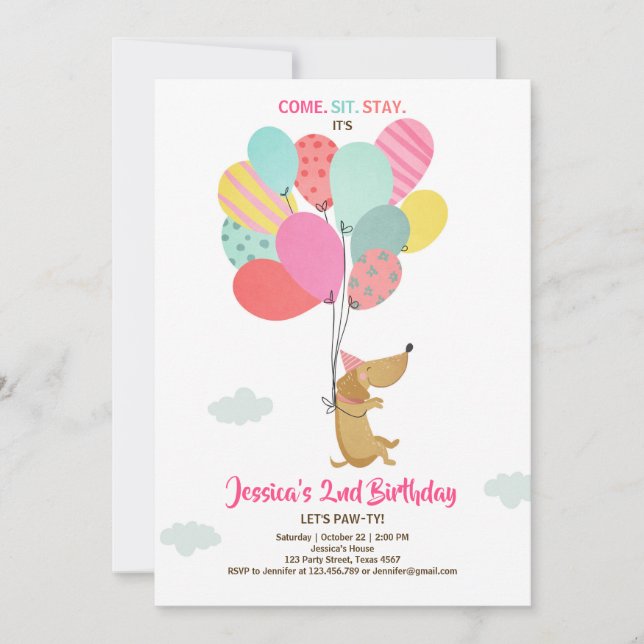 Perro de cachorro Invitación de cumpleaños Globos  (Anverso)