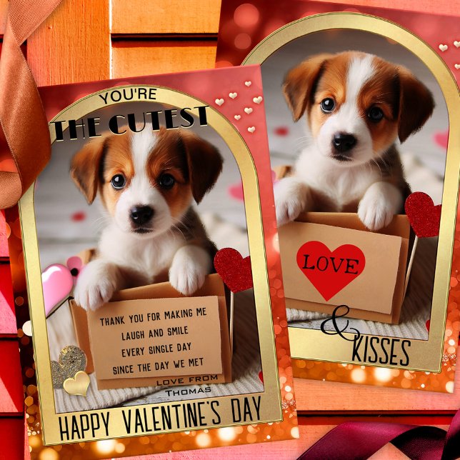 Perro de cachorro lindo feliz tarjeta de San Valen (A romantic and cute Valentine's Day card featuring a puppy dog delivered in a box)