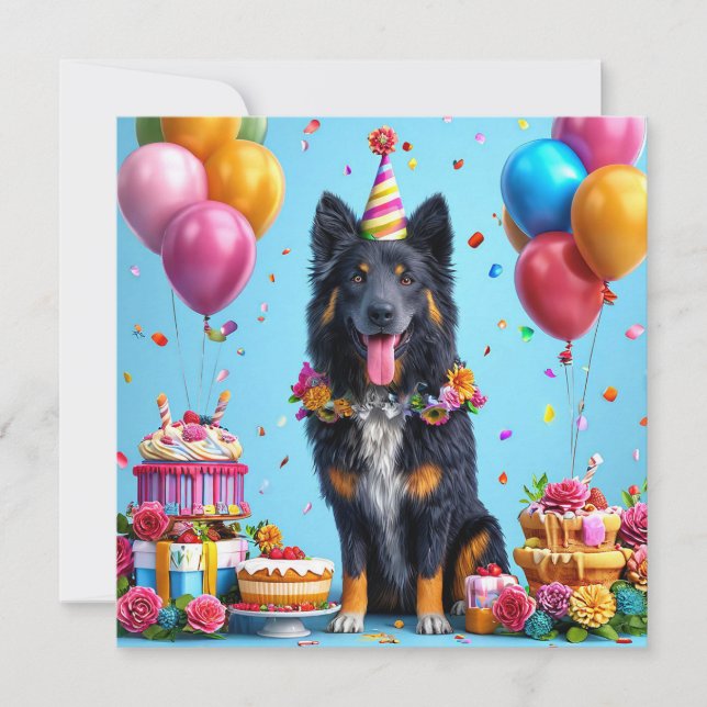Perro de cumpleaños con pastel y globos (Anverso)