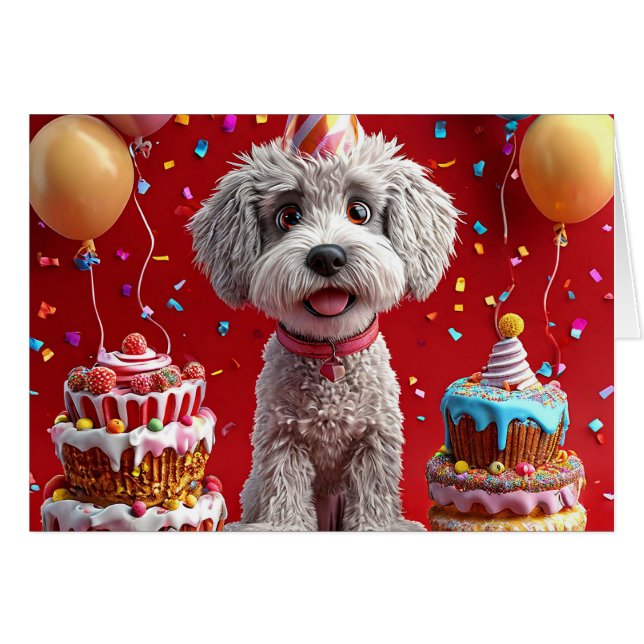 Perro de cumpleaños con pastel y globos (Anverso (Horizontal))