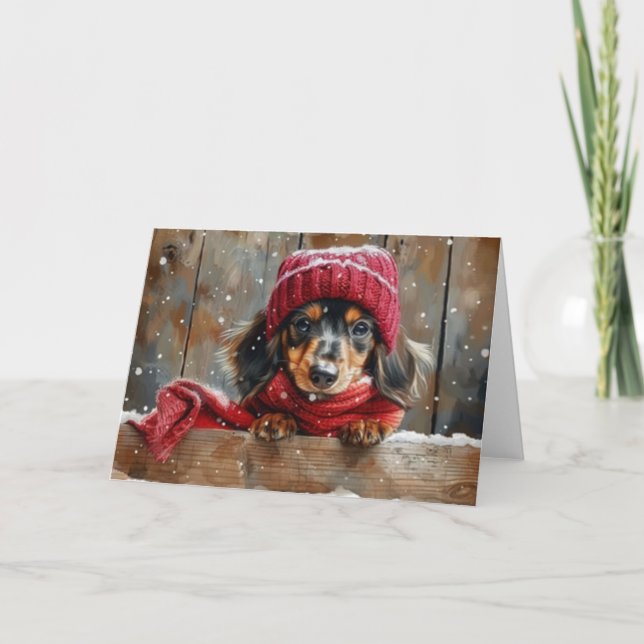 Perro de Dachshund en tarjeta de Navidades Gorras (Anverso)