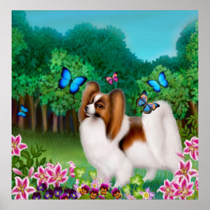 Perro de Papillon en la impresión del jardín