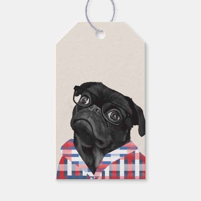 Perro De Pug Negro Con Gafas Y Comprobar Etiqueta  (Anverso)