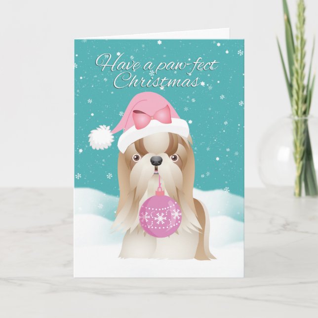 Perro de Shih Tzu en tarjeta de Navidad del gorra (Anverso)