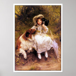 Perro del collie, chica e impresión del poster del