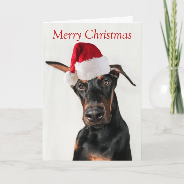 Perro Doberman con tarjeta de Navidades de Santa H (Anverso)