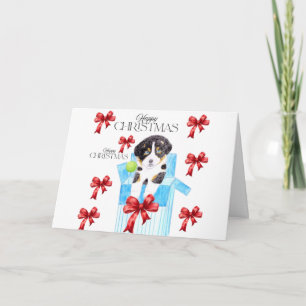 Perro en una caja azul Navidad Tarjeta con arcos