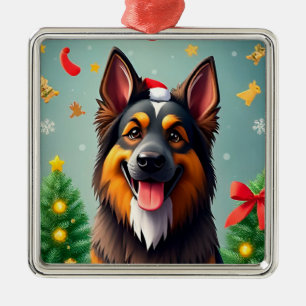 Perro entre decoraciones de Navidad