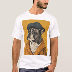 Perro gracioso en Beret Naive dibujando camiseta