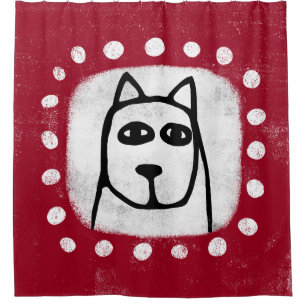 Perro gracioso en la cortina de ducha roja
