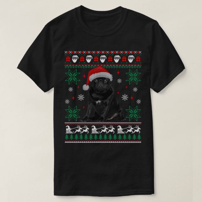 Perro gracioso Pug negro Navidades feos suéter (Diseño del anverso)