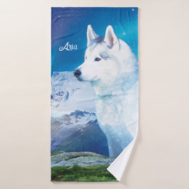 Perro Husky personalizado con montañas (Toalla de baño)