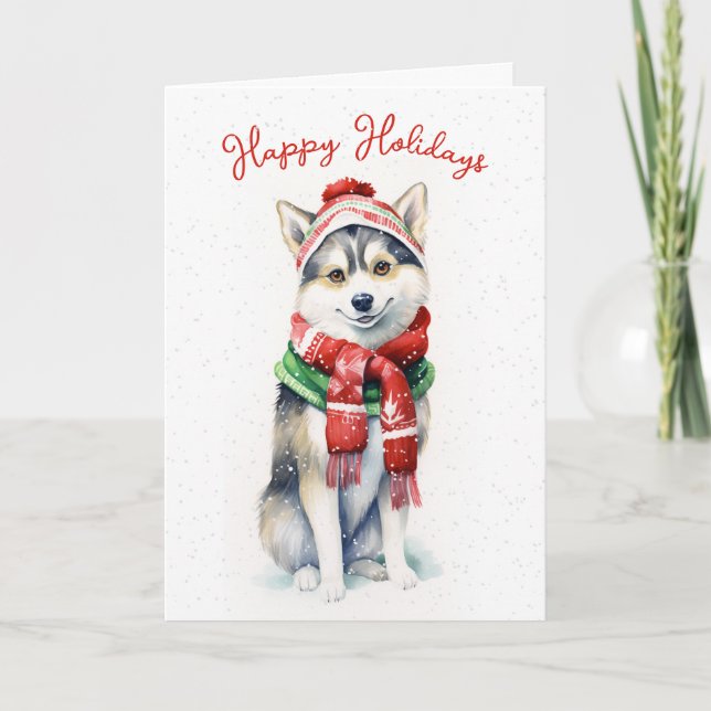 Perro Husky Siberiano de Navidad en copos de nieve (Anverso)