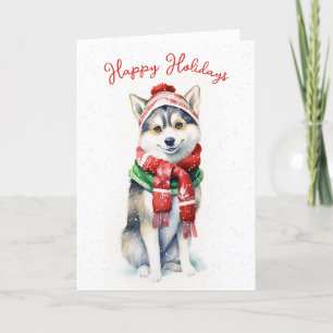 Perro Husky Siberiano de Navidad en copos de nieve