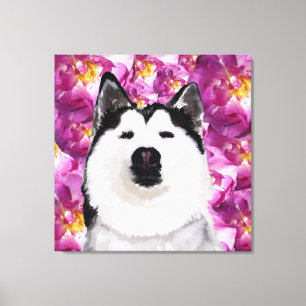 Perro Husky y Rosas arte de un solo muro