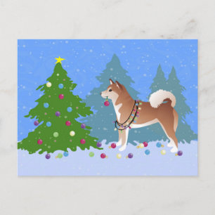 Perro Inu Shiba decorando árbol de Navidad