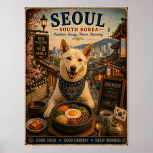 Perro Jindo en Póster de Viaje Vintage de Seúl