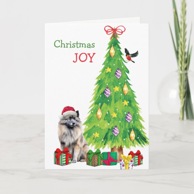 Perro Keeshond, ave y árbol de Navidad (Anverso)