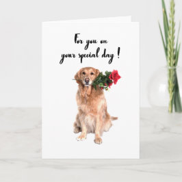 Perro lindo con flor en la boca, tarjeta de cumple