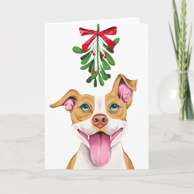 Perro lindo de Pitbull bajo navidad del muérdago (Anverso)