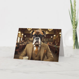 Perro lindo en traje con tarjeta plegada de hombre